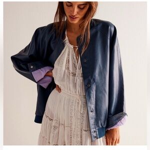 Free People Dark Blue Leather Bomber Jacket
